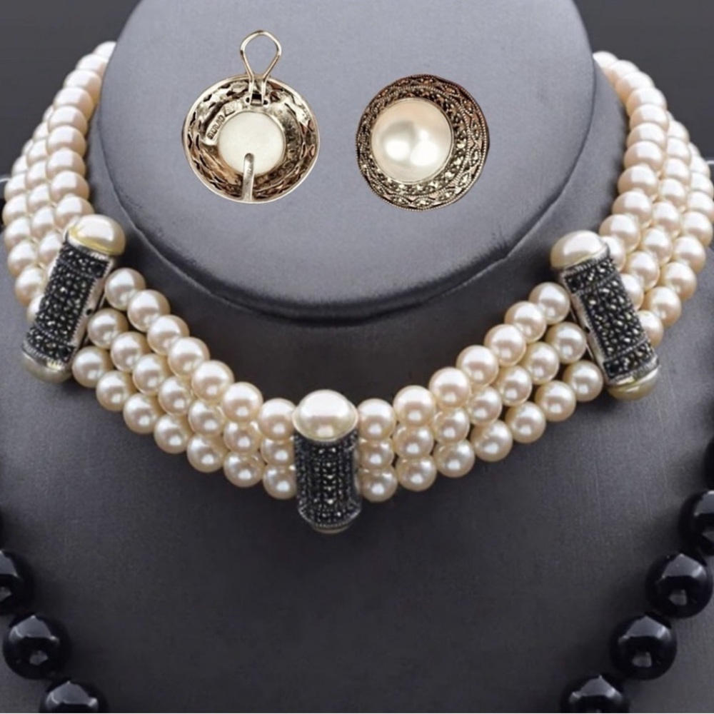 Judith Jack Sterling with Marcasite and Faux Pearl Set (choker & earrings)
